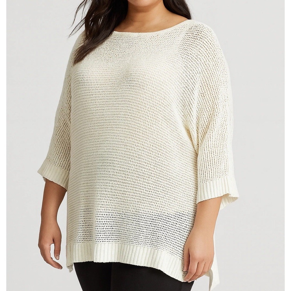 Lauren Ralph Lauren Open Knit Coastal Beach Sweater XL Ivory Resortwear Linen